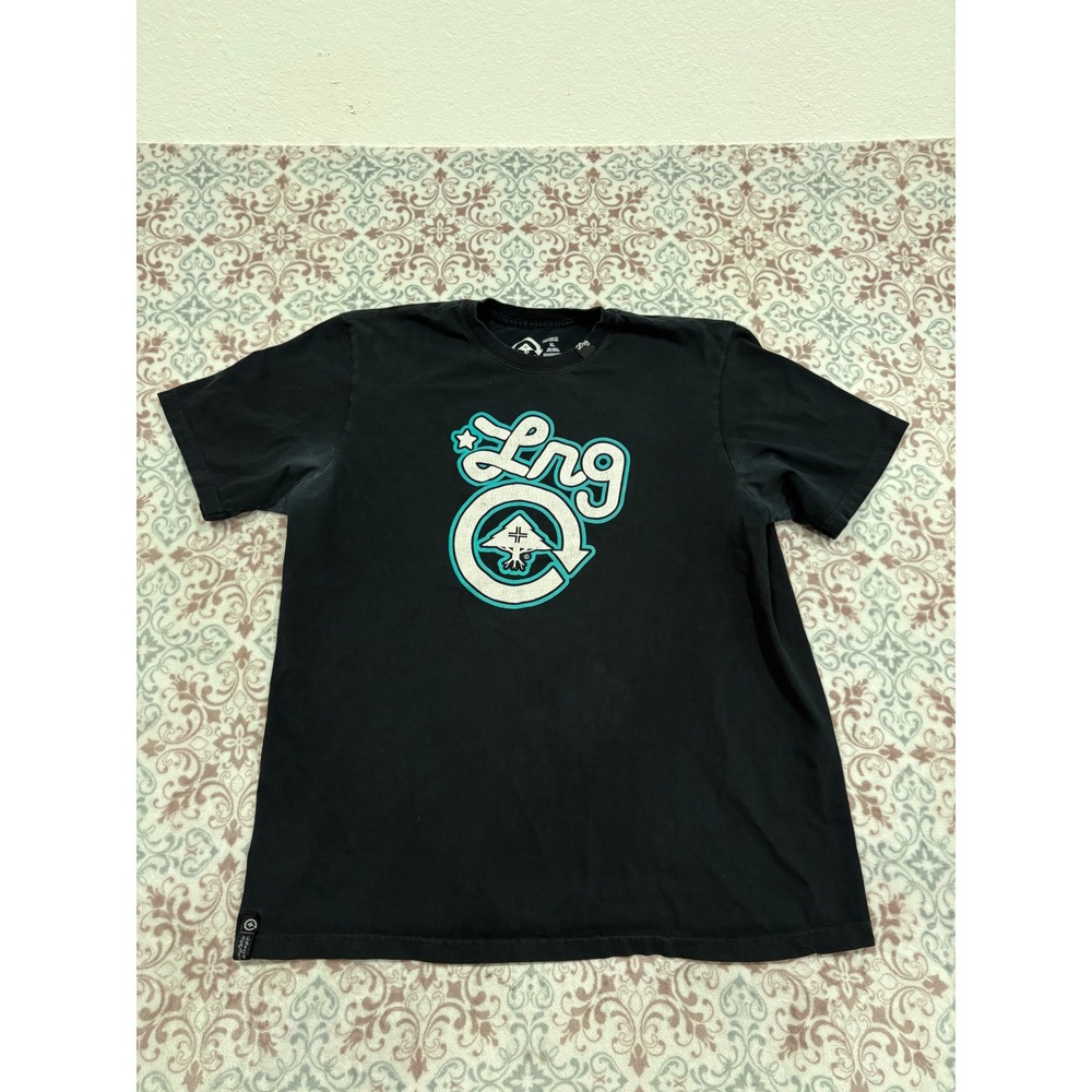 LRG Lifted Research Group Mens XL T-Shirt Black Teal Graphic Logo Tee Cotton